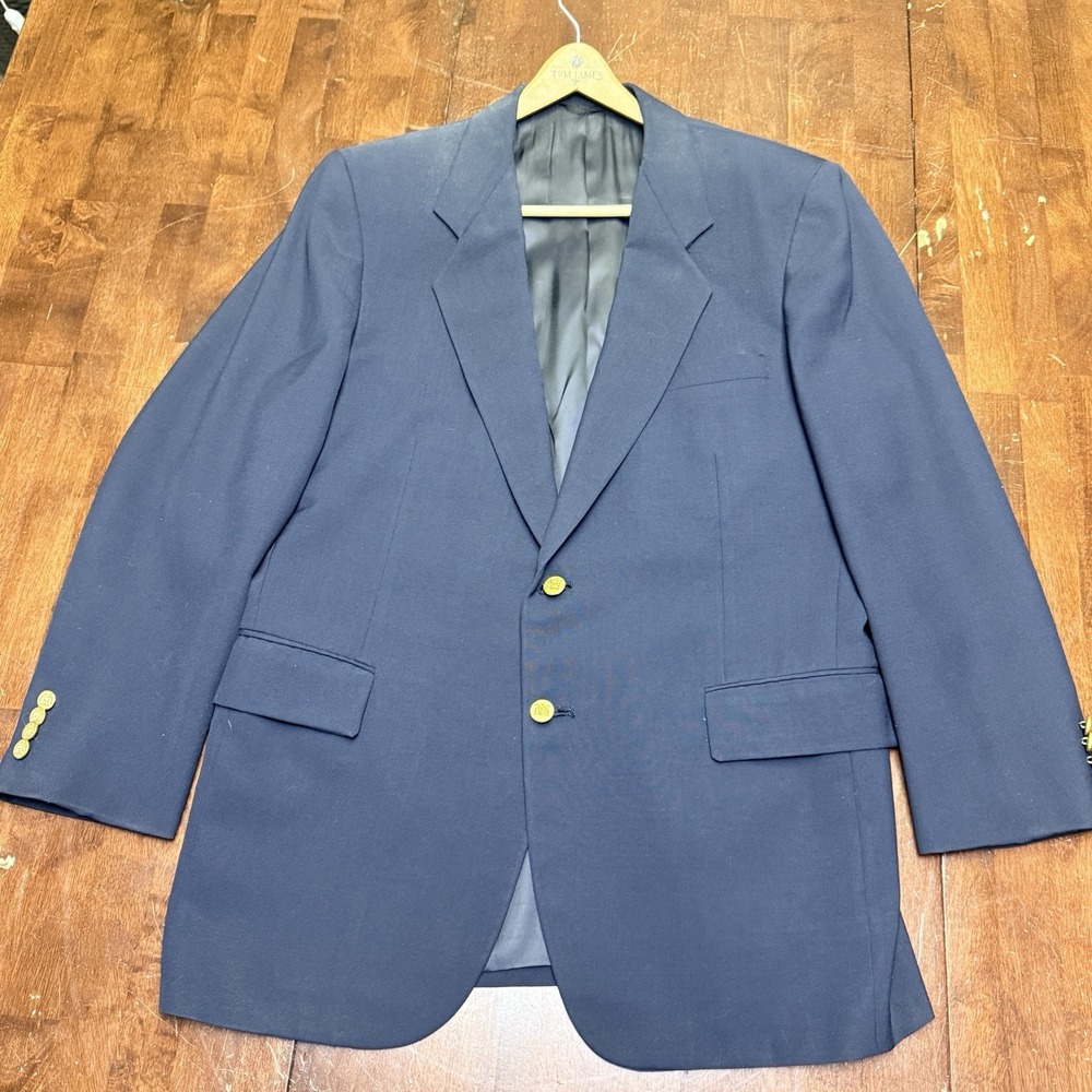Vtg Tom James 44R‎ Navy Blue Hopsack Gold Button Mens Blazer Sport Coat Jacket